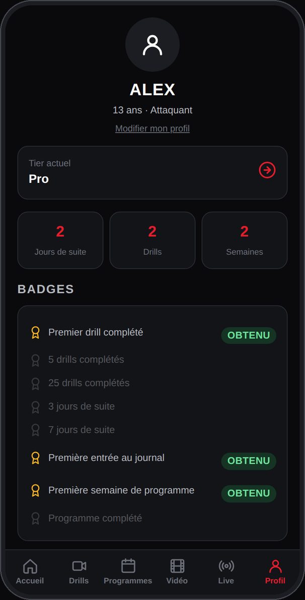 Profil, badges et journal d'entraînement